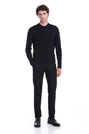 Lacivert Regular Fit Düz Polo Yaka Yünlü Triko Kazak | L