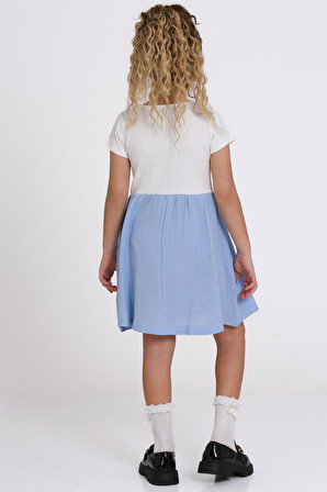 Kız Çocuk Mavi Müslin Fitilli 1-5 Yaş Elbise - 2474-5
