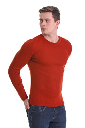 Kiremit Slim Fit Fitilli Bisiklet Yaka Yünlü Triko Kazak | L