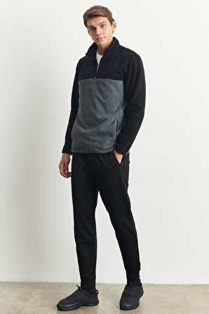 Erkek Siyah-Açık Melanj Anti-Pilling Tüylenme Yapmayan Standart Fit Dik Yaka Polar Sweatshirt