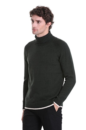 Haki Regular Fit Düz Balıkçı Yaka Triko Kazak | XL