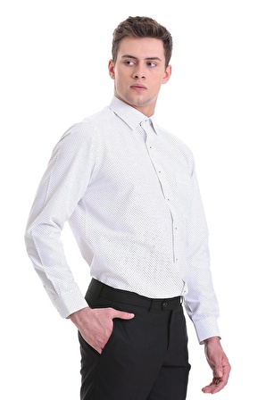 Beyaz Klasik Fit Baskılı Pamuklu Slim Yaka Uzun Kollu Klasik Gömlek | XL