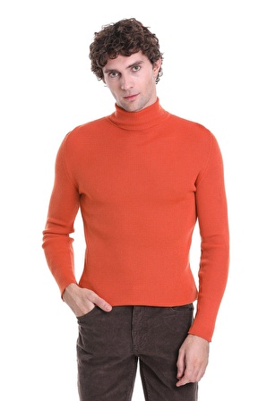 Turuncu Slim Fit Fitilli Balıkçı Yaka Yünlü Triko Kazak | M