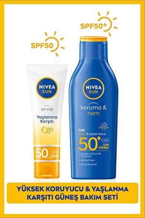 SUN Güneş Koruyucu Vücut Losyonu SPF50 200ml ve Q10 Yaşlanma Karşıtı Yüz Bakım Kremi SPF50 50ml