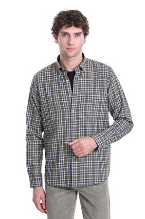 Haki Comfort Fit Kareli Düğmeli Yaka Uzun Kollu Casual Gömlek | S