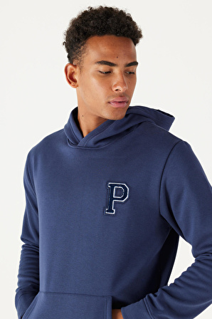 Erkek Indigo Standart Fit Normal Kesim Içi Polarlı Içi Polarlı Kapüşonlu Sweatshirt