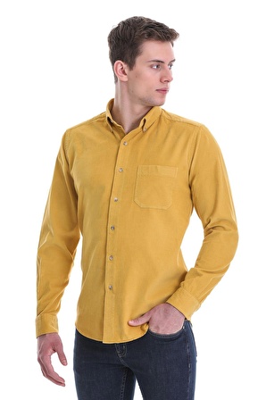 Hardal Slim Fit Düz 100% Pamuklu Düğmeli Yaka Uzun Kollu Klasik Gömlek | XL