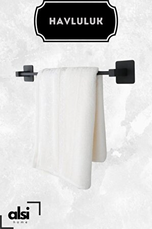 Yapışkanlı 4 lü Siyah Fön Makinesi Askısı Havlu Askısı Wc Tuvalet Kağıtlık Kare Havluluk Banyo Set