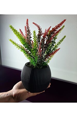 HN- Antrasit Saksıda Yapay Çiçek Kırmızı Yeşil Lavanta Demeti Taş Yosunlu Mini Saksı Aranjman 25 Cm 