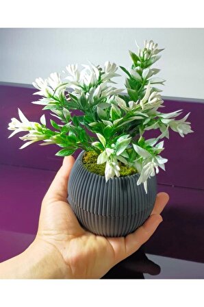 HN- No:1 Saksı Yeşil Beyaz Yapay Bitki Garnitür Taş Yosunlu 17 Cm Banyo Mutfak Masa Çiçeği 2 Dal 