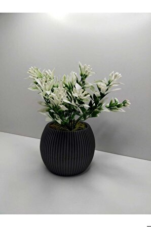 HN- No:1 Saksı Yeşil Beyaz Yapay Bitki Garnitür Taş Yosunlu 17 Cm Banyo Mutfak Masa Çiçeği 2 Dal 