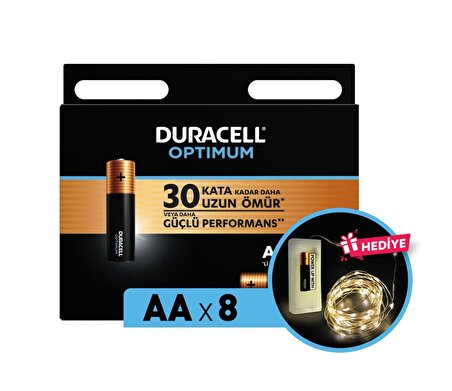 Duracell Optimum AA Alkalin Pil, 1,5 V LR6 MN1500, 8’li paket ve Led Işık