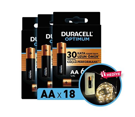 Duracell Optimum AA Alkalin Pil, 1,5 V LR6 MN1500, 18’li paket ve Led Işık