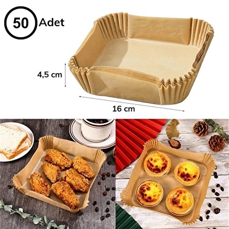 50 Adet Air Fryer Pişirme Kağıdı Tek Kullanımlık Hava Fritöz Yağ Geçirmez Yapışmaz Kare Tabak Model (1243)