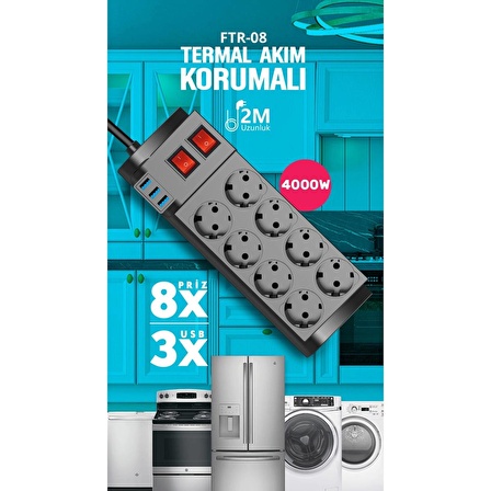 Fulltech Ftr-08 8’li Termal Akım Korumalı 3 Usb Li Priz (1243)