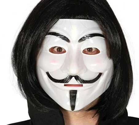 Siyah Renk Takma Kısa Saç ve V For Vendetta Maskesi Anonymous Maskesi (1243)