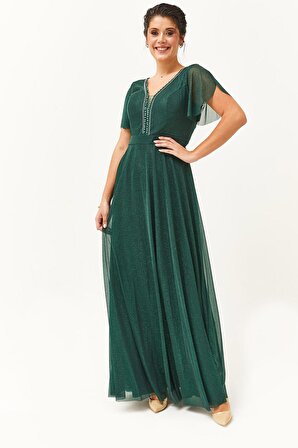 Kadın Büyük Beden Yaka Boncuk Detaylı Uzun Yeşil Abiye & Gece Elbisesi