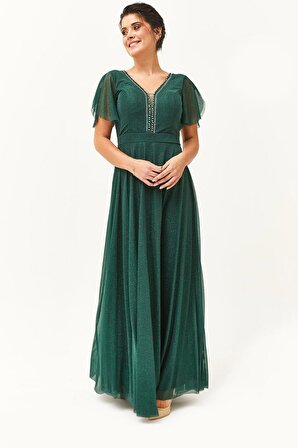 Kadın Büyük Beden Yaka Boncuk Detaylı Uzun Yeşil Abiye & Gece Elbisesi
