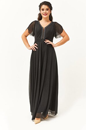 Kadın Büyük Beden Yaka Boncuk Detaylı Uzun Siyah Abiye & Gece Elbisesi