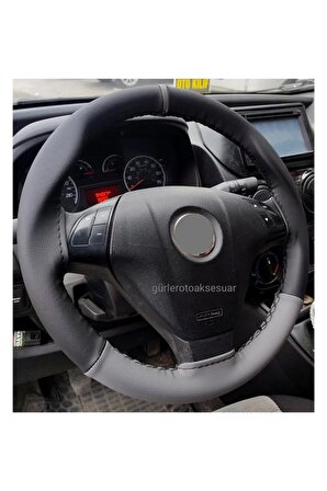 Fiat 500 Uyumlu L Direksiyon Kılıfı Dikmeli İki Renkli Yüzüklü Gri Siyah