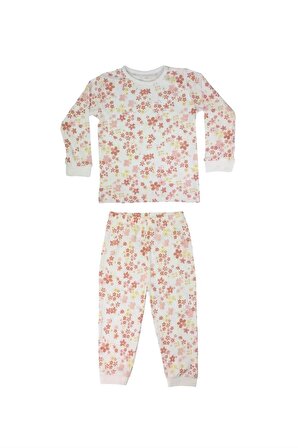 Kız Çocuk %100 Pamuk Çiçek Baskılı Beyaz Pijama Takımı