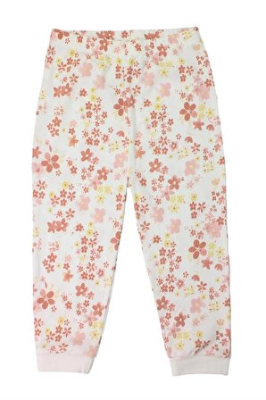 Kız Çocuk %100 Pamuk Çiçek Baskılı Beyaz Pijama Takımı