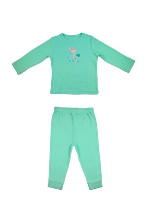 Kız Çocuk %100 Pamuk Flamingo Baskılı Yeşil Pijama Takımı
