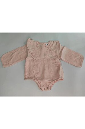 Kız Bebek Müslin Kumaş Uzun Kollu Pembe Bodysuit/zıbın