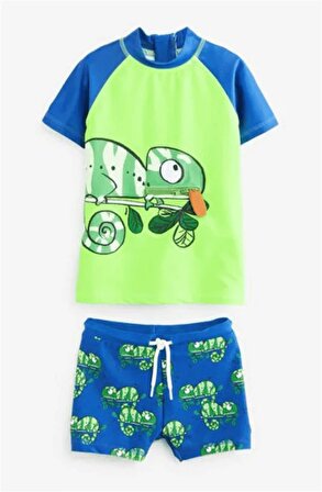 Erkek Çocuk 50 + Upf Korumalı Kertenkele Baskılı Fermuar Detaylı Mavi-yeşil T-shirt Şort Mayo Seti