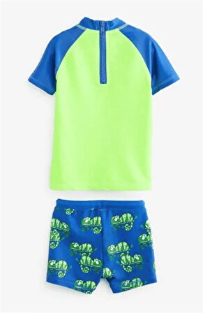 Erkek Çocuk 50 + Upf Korumalı Kertenkele Baskılı Fermuar Detaylı Mavi-yeşil T-shirt Şort Mayo Seti