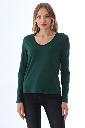 Kadın Modal V Yaka Tişört-Yeşil