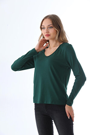Kadın Modal V Yaka Tişört-Yeşil
