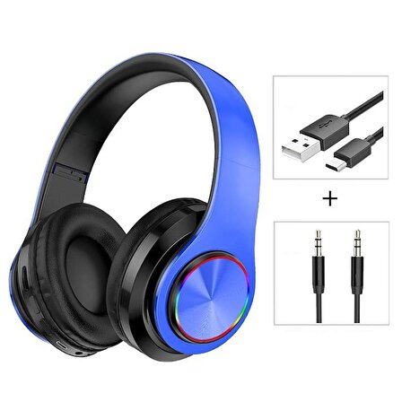 B39 Bluetooth Kulaküstü Kulaklık Led Işıklı Mikrofonlu Kablosuz Kulak Üstü Kulaklık Mavi