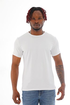 Erkek Slim Fit Pamuk Likra Basic Kısa Kol T-shirt-Beyaz