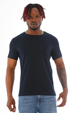 Erkek Slim Fit Pamuk Likra Basic Kısa Kol T-shirt-Lacivert