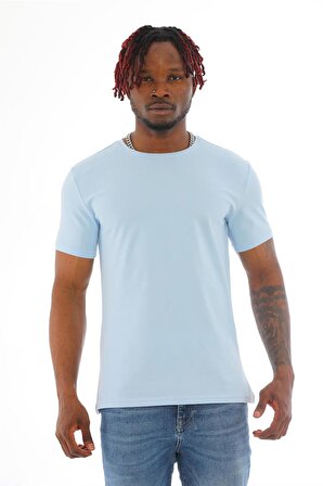 Erkek Slim Fit Pamuk Likra Basic Kısa Kol T-shirt-Mavi