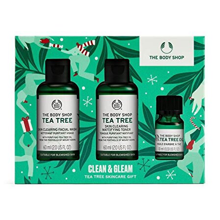 The Body Shop Clean&Gleam Lekeli Cilt için Temizleyici Yüz Temizleme Suyu 60 ml & Tonik 60 ml+Çay Ağacı Yağı 10 ml 