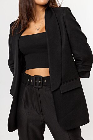 Swass Kadın Kolu Büzgülü Blazer Siyah Pendope Ceket