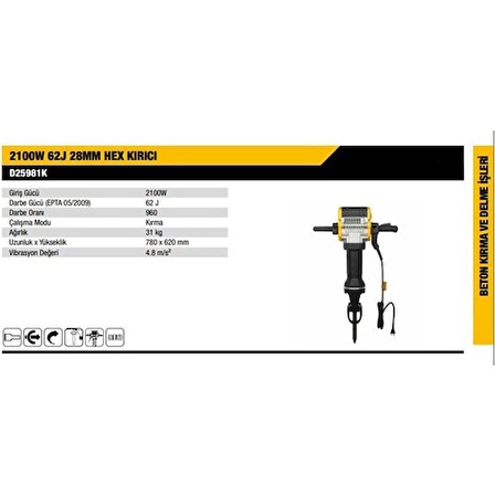 Dewalt D25981K-QS 2100 W 62J 28mm Hex 30 Kg Kırıcı