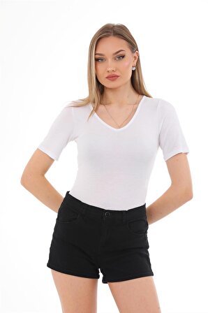 Kadın V Yaka Pamuk Esnek Çıtçıtlı Body Tişört-Beyaz