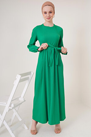 1525 Örme Tesettür Elbise - Yeşil