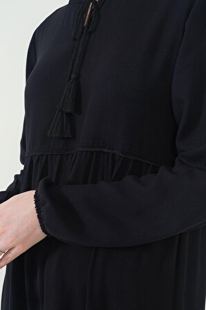 1627 Yaka Bağcıklı Tesettür Elbise - Siyah