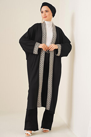 5865 Nakışlı Örme Uzun Kimono - Siyah