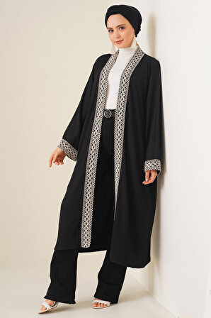 5865 Nakışlı Örme Uzun Kimono - Siyah