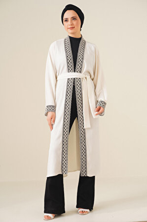 5865 Nakışlı Örme Uzun Kimono - Beyaz