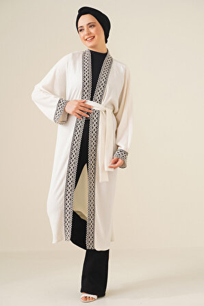 5865 Nakışlı Örme Uzun Kimono - Beyaz