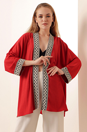 05866 Nakışlı Örme Kimono - Kırmızı