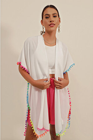 5899 Renkli Kimono - Beyaz