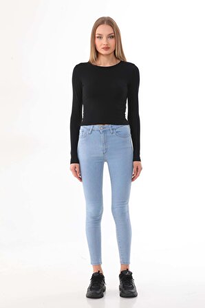 Kadın Crop Pamuklu Basiç T-shirt -Siyah