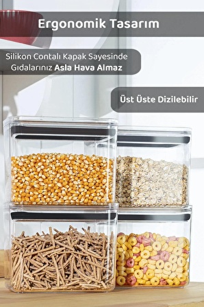 4'lü Set - 1,5 Lt Vakum Kapaklı Erzak Kabı - Dolap İçi Düzenleyici Contalı Bakliyat Saklama Kabı